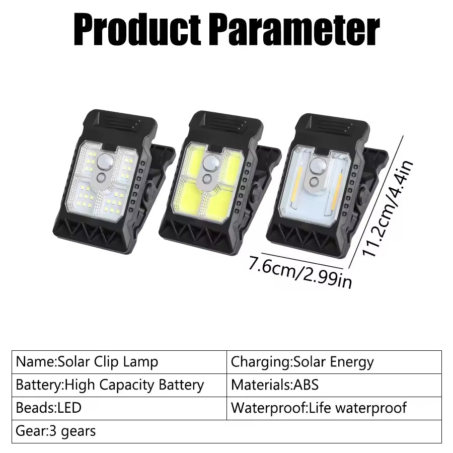 Outdoor solar LED light with clamp