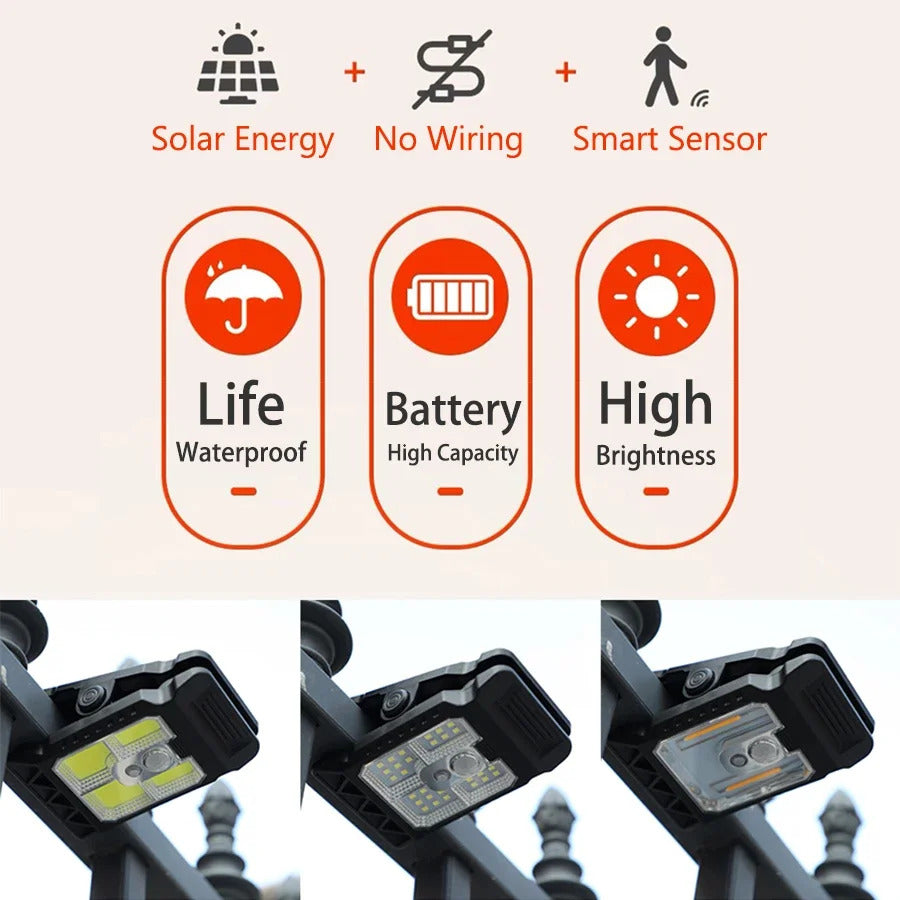 Outdoor solar LED light with clamp