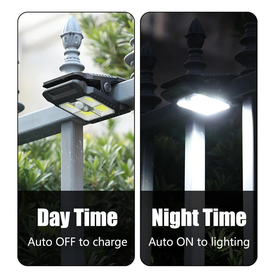 Outdoor solar LED light with clamp