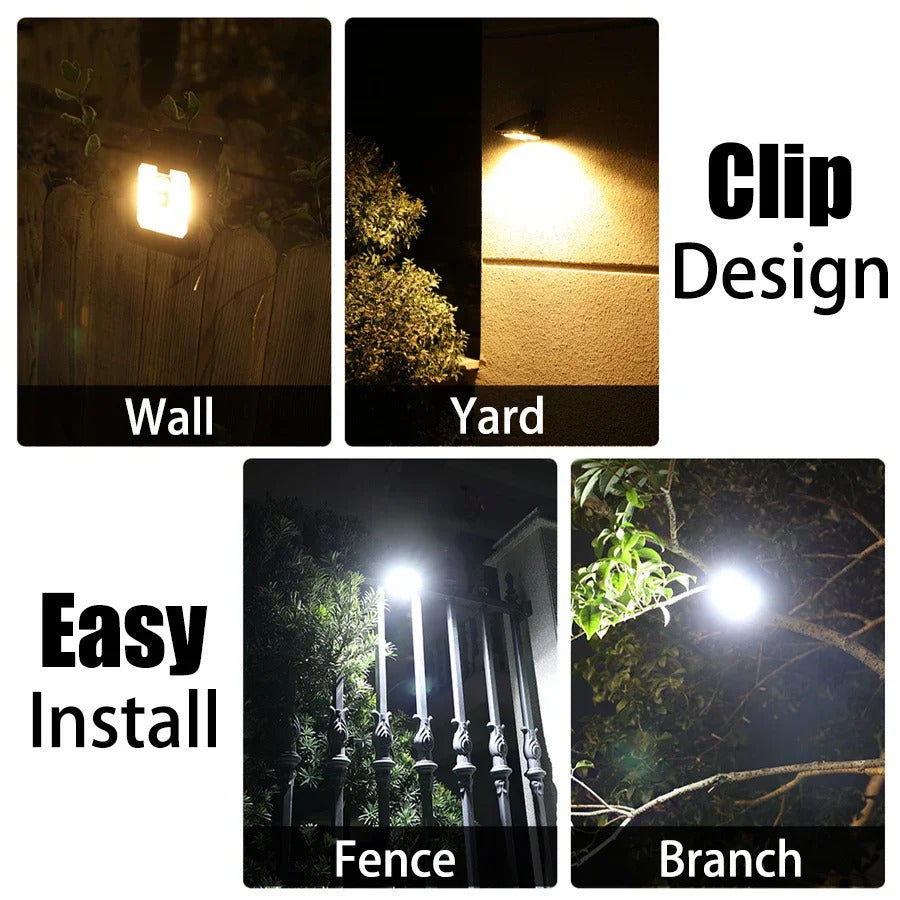Outdoor solar LED light with clamp